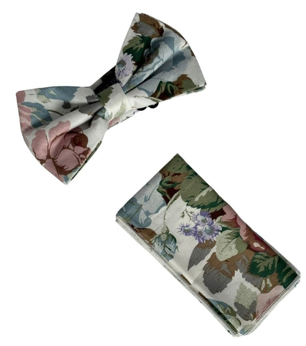 watercolour style English pink rose garden cotton  bow tie and matching pocket square
